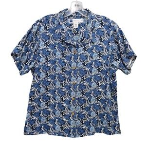 LL Bean Traveler Silk Floral Button Down Short Sleeve Shirt Blue M